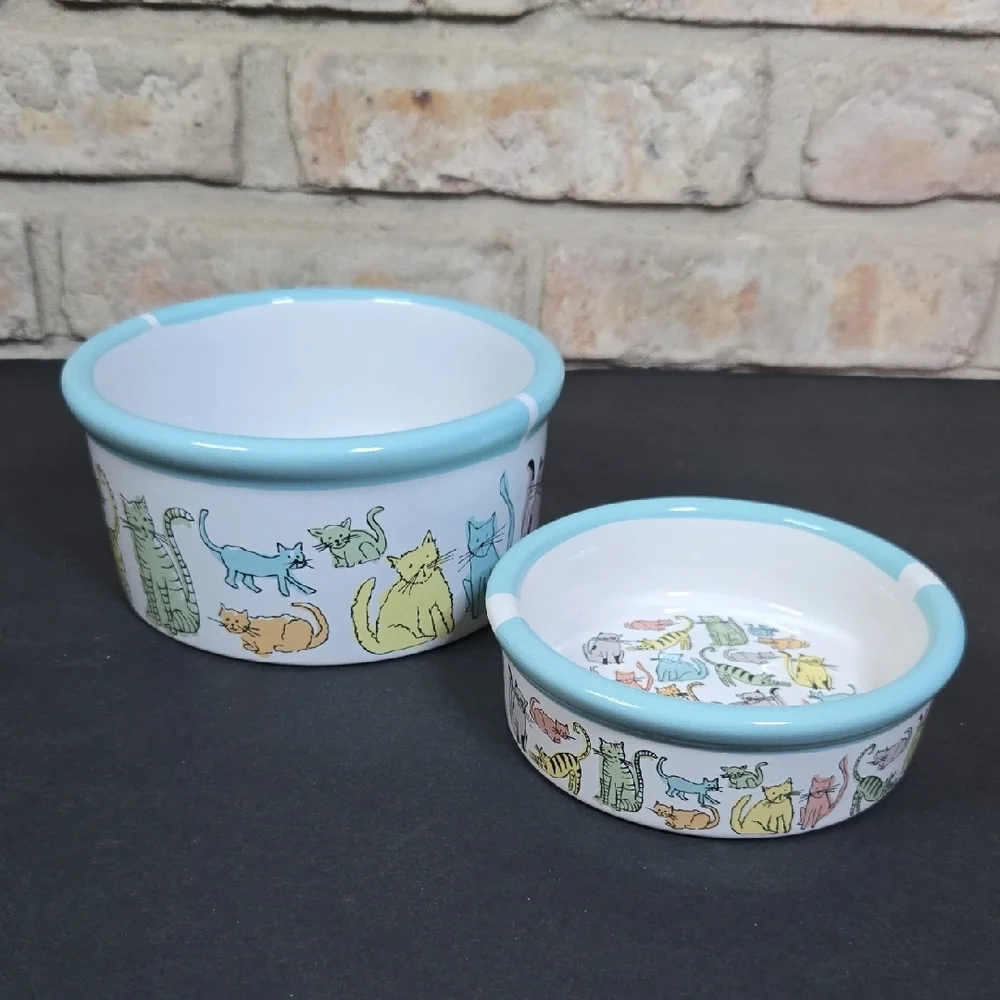 Stoneware Ceramic Cat Print Water and Food Bowl Dishes - NEW